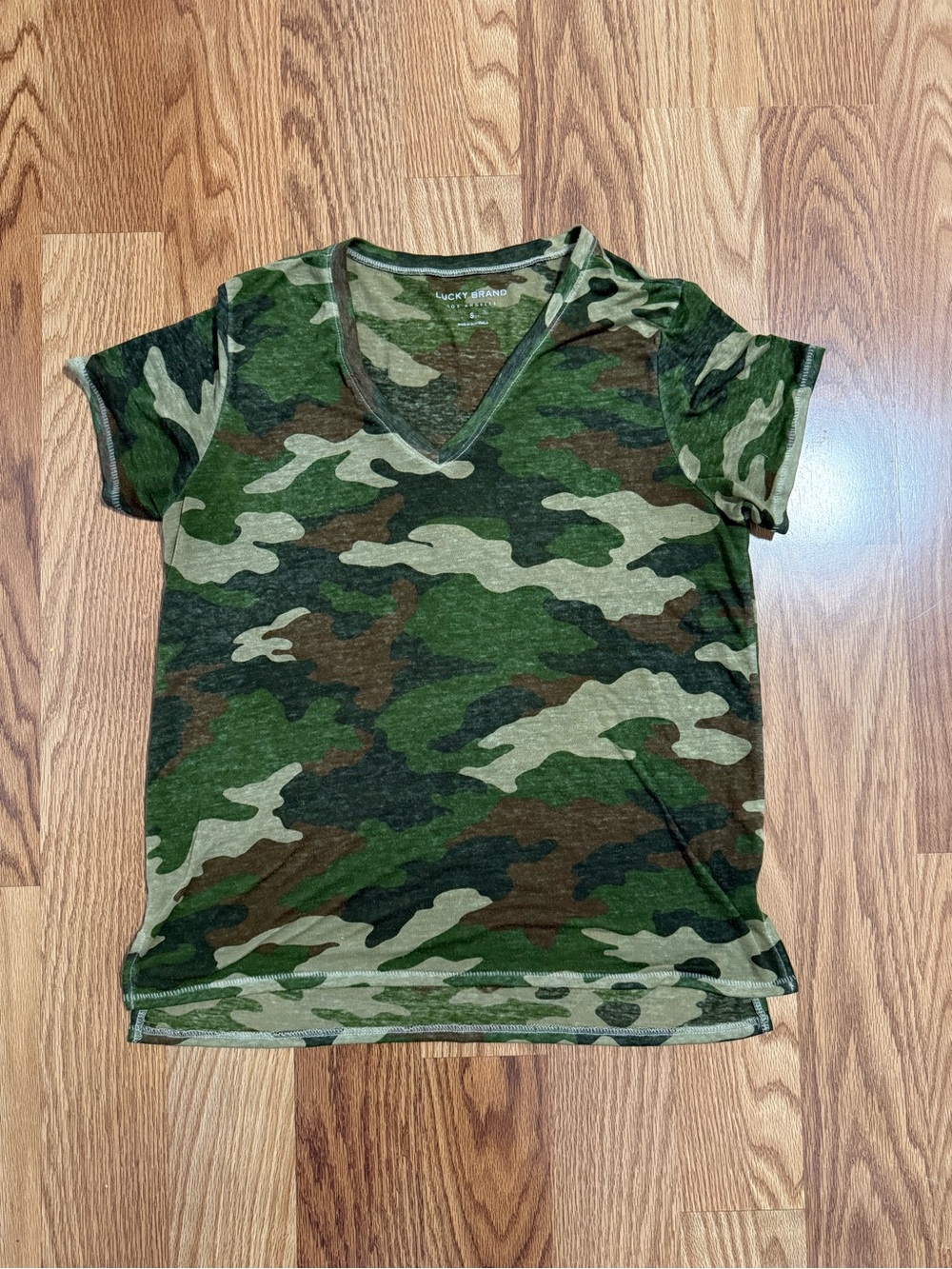 Lucky Brand women’s green/brown camo burnout t shirt size small